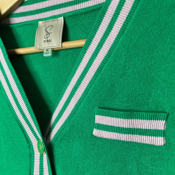 Sioni Kerry Varsity Style Cardigan with Detail Stripes in Green & Blush Pink - Picture 3 of 7